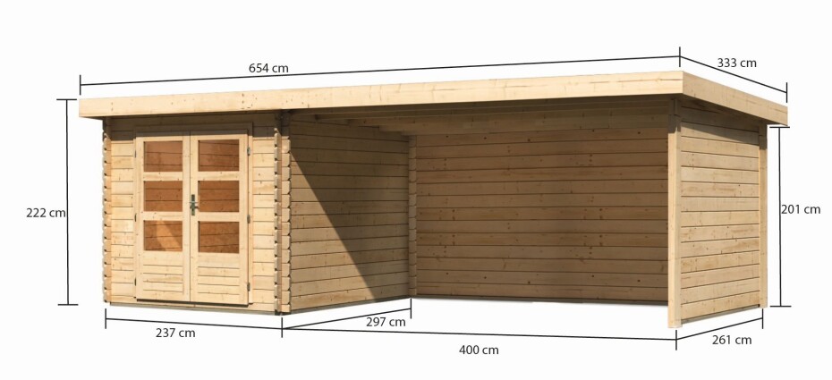 Dřevěný domek KARIBU BASTRUP 4 + přístavek 400 cm včetně zadní a boční stěny (9307) natur LG3016 - main (1)