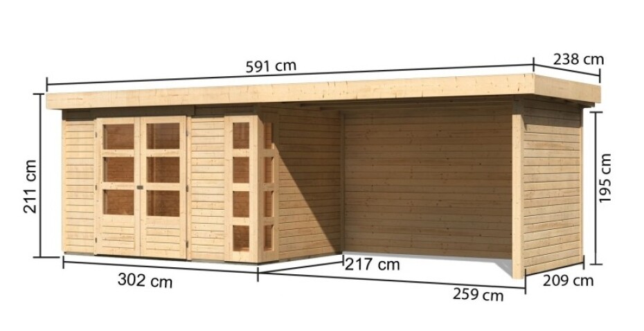 Dřevěný domek KARIBU KERKO 4 + přístavek 280 cm včetně zadní a boční stěny (82946) natur LG2979 - main (1)