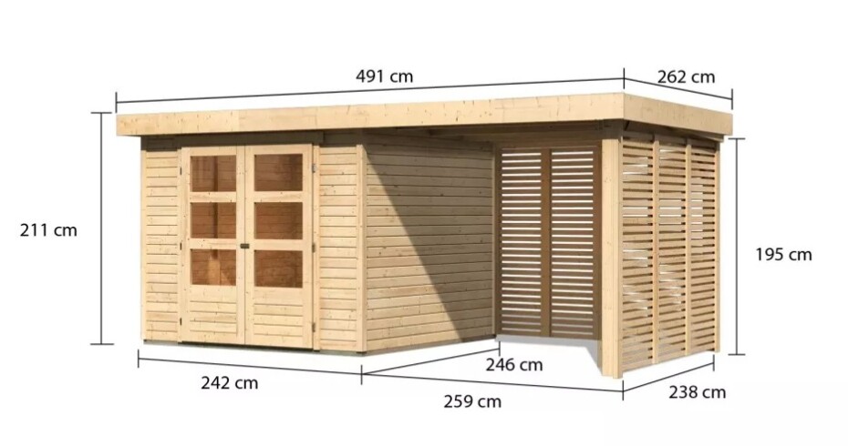 Dřevěný domek KARIBU ASKOLA 3,5 + přístavek 240 cm včetně zadní a boční stěny (9147) natur LG3248 - main (1)