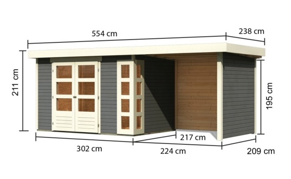 Dřevěný domek KARIBU KERKO 4 + přístavek 240 cm včetně zadní a boční stěny (82943) šedý LG2974 - main (1)