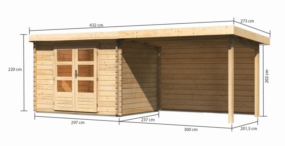 Dřevěný domek KARIBU BASTRUP 3 + přístavek 300 cm včetně zadní stěny (9303) natur LG3009 - main (1)