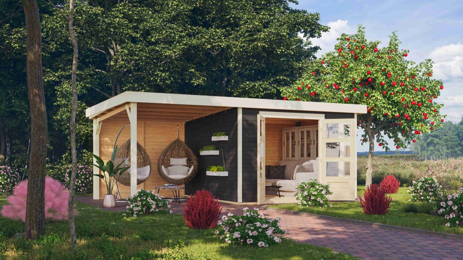 Dřevěný domek KARIBU KERKO 6 + přístavek 240 cm včetně zadní stěny (38734) šedý LG3000 - main (3)