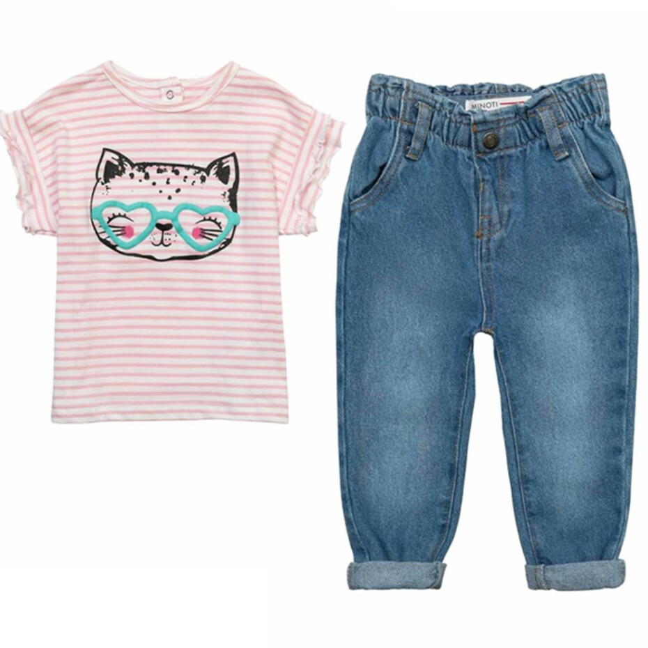 Dívčí set - tričko a kalhoty džínové, Minoti, Purrfect 1, růžová - 80/86 | 12-18m - main (0)