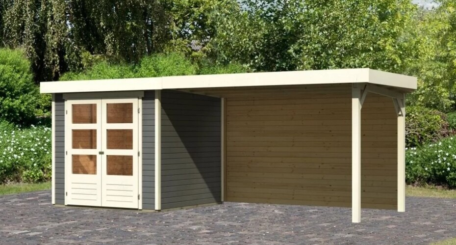 Dřevěný domek KARIBU ASKOLA 2 + přístavek 280 cm včetně zadní stěny (9168) šedý LG3219 - main (2)