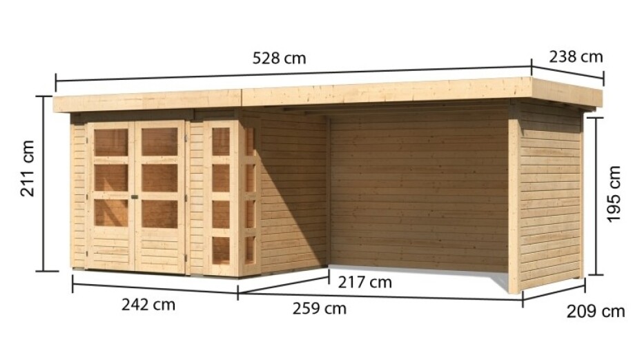 Dřevěný domek KARIBU KERKO 3 + přístavek 280 cm včetně zadní a boční stěny (82938) natur LG2962 - main (1)