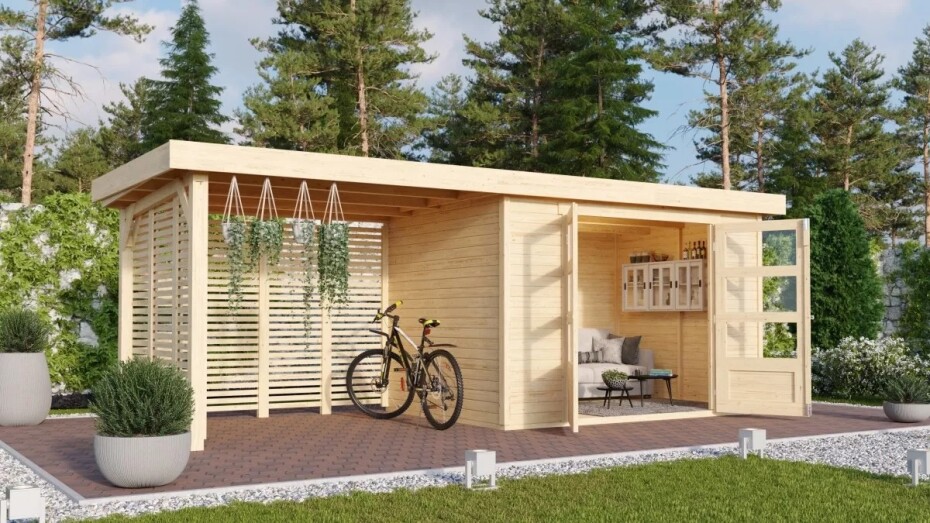 Dřevěný domek KARIBU ASKOLA 4 + přístavek 280 cm včetně zadní a boční stěny (9182) natur LG3274 - main (2)