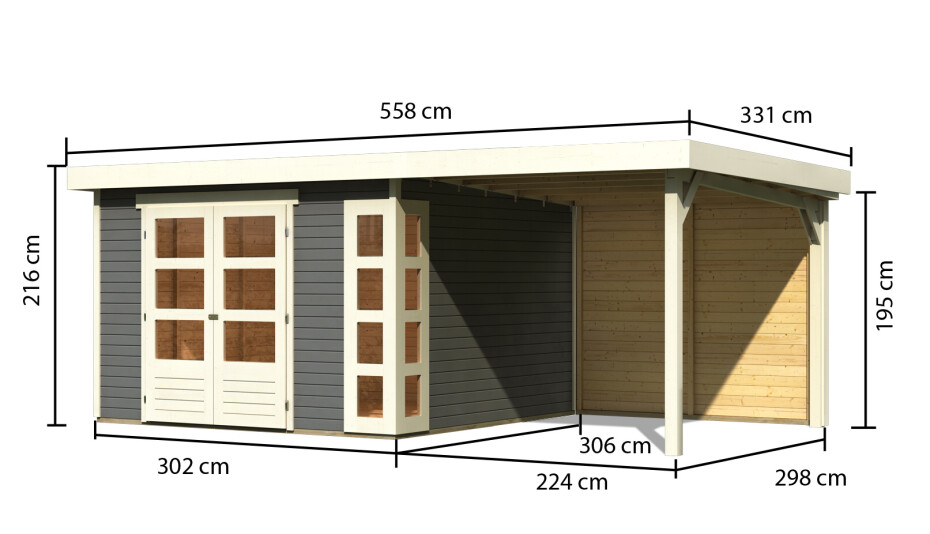 Dřevěný domek KARIBU KERKO 6 + přístavek 240 cm včetně zadní stěny (38734) šedý LG3000 - main (1)
