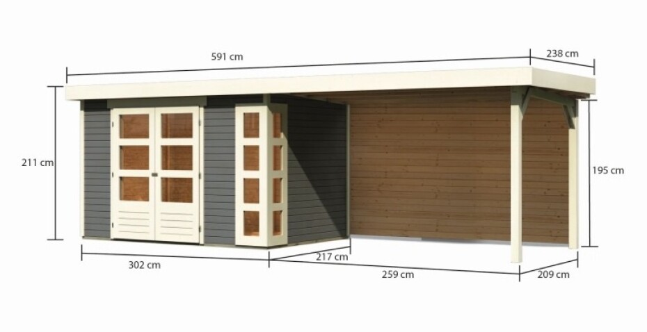 Dřevěný domek KARIBU KERKO 4 + přístavek 280 cm včetně zadní stěny (9192) šedý LG2978 - main (1)