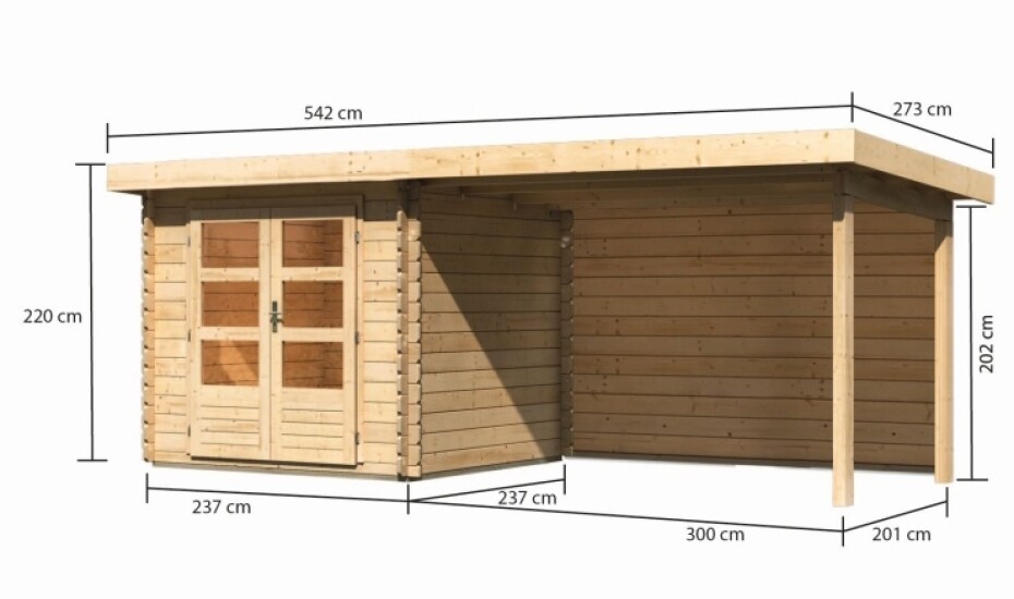 Dřevěný domek KARIBU BASTRUP 2 + přístavek 300 cm včetně zadní stěny (9301) natur LG2818 - main (1)