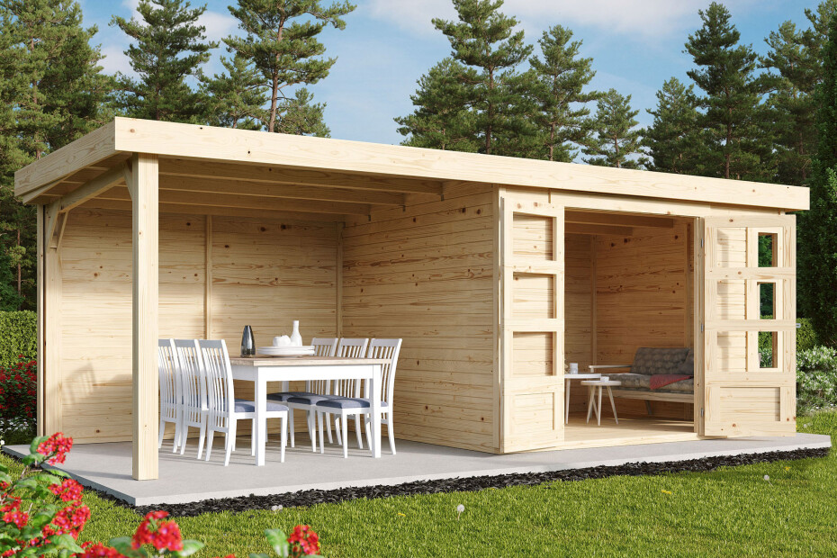 Dřevěný domek KARIBU KERKO 5 + přístavek 240 cm včetně zadní stěny (9195) natur LG2985 - main (3)