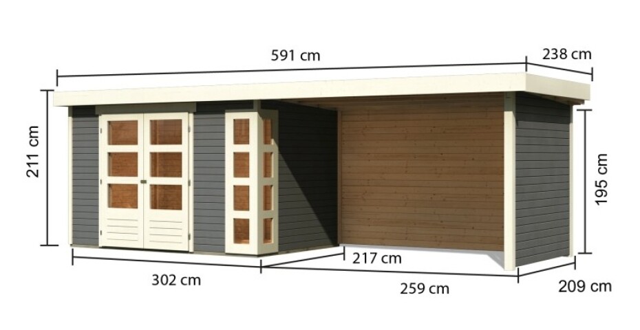 Dřevěný domek KARIBU KERKO 4 + přístavek 280 cm včetně zadní a boční stěny (82947) šedý LG2980 - main (1)