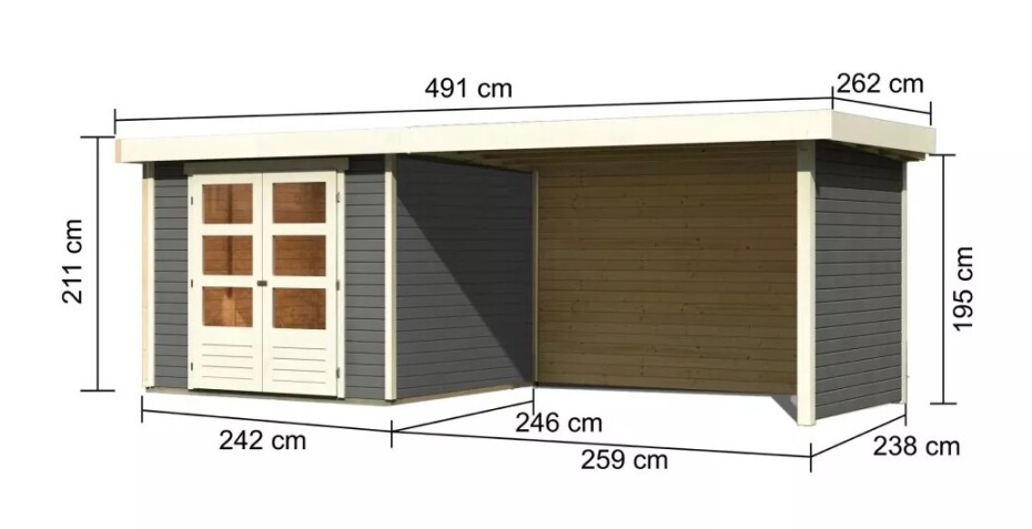 Dřevěný domek KARIBU ASKOLA 3,5 + přístavek 280 cm včetně zadní a boční stěny (9151) šedý LG3253 - main (1)