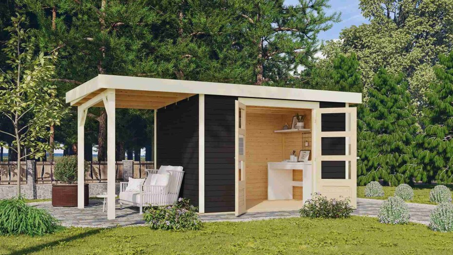 Dřevěný domek KARIBU ASKOLA 4 + přístavek 150 cm (38669) antracit LG3257 - main (2)