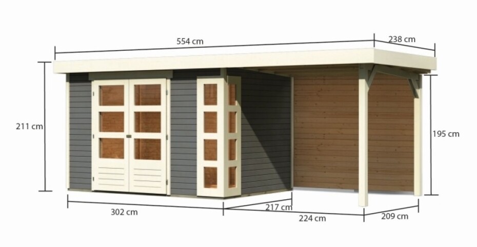Dřevěný domek KARIBU KERKO 4 + přístavek 240 cm včetně zadní stěny (9190) šedý LG2972 - main (1)