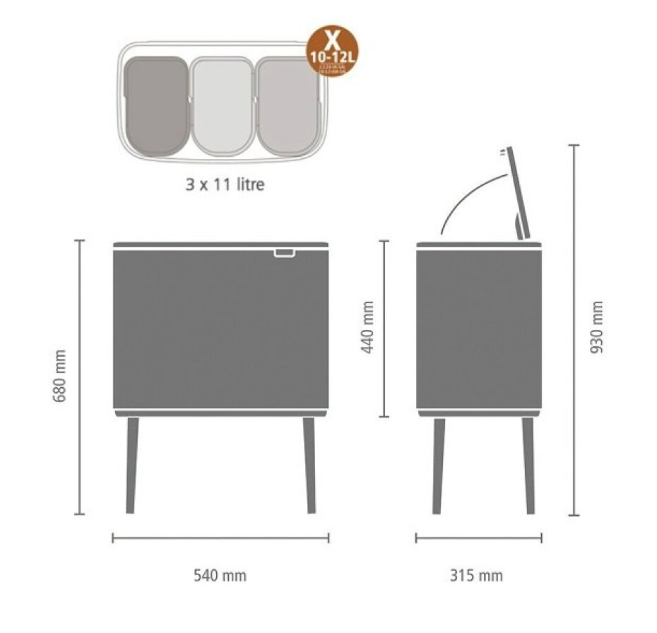 Dotykový odpadkový koš BO TOUCH BIN 3 x 11 l, matná ocelová, Brabantia - main (9)