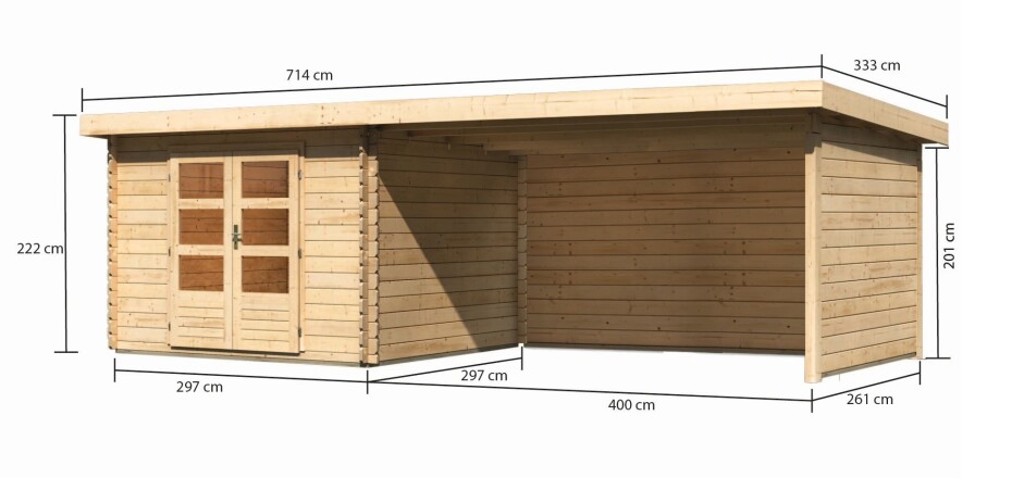 Dřevěný domek KARIBU BASTRUP 5 + přístavek 400 cm včetně zadní a boční stěny (9312) natur LG3021 - main (1)
