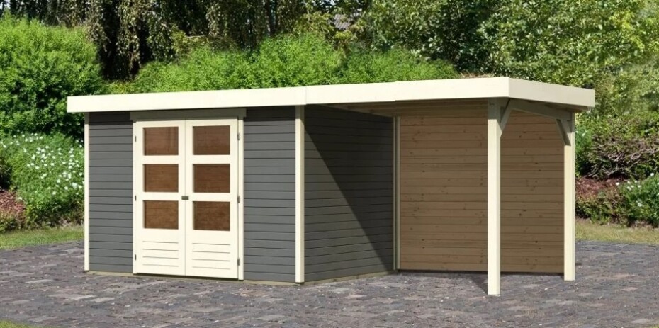 Dřevěný domek KARIBU ASKOLA 4 + přístavek 240 cm včetně zadní stěny (9178) šedý LG3259 - main (2)