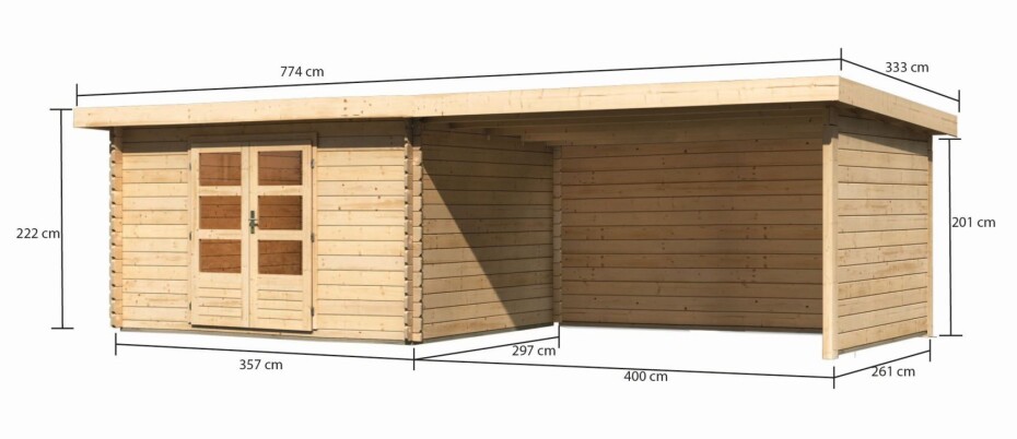 Dřevěný domek KARIBU BASTRUP 7 + přístavek 400 cm včetně zadní a boční stěny (9316) natur LG3029 - main (1)