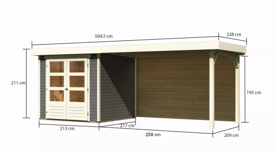 Dřevěný domek KARIBU ASKOLA 2 + přístavek 280 cm včetně zadní stěny (9168) šedý LG3219 - main (1)