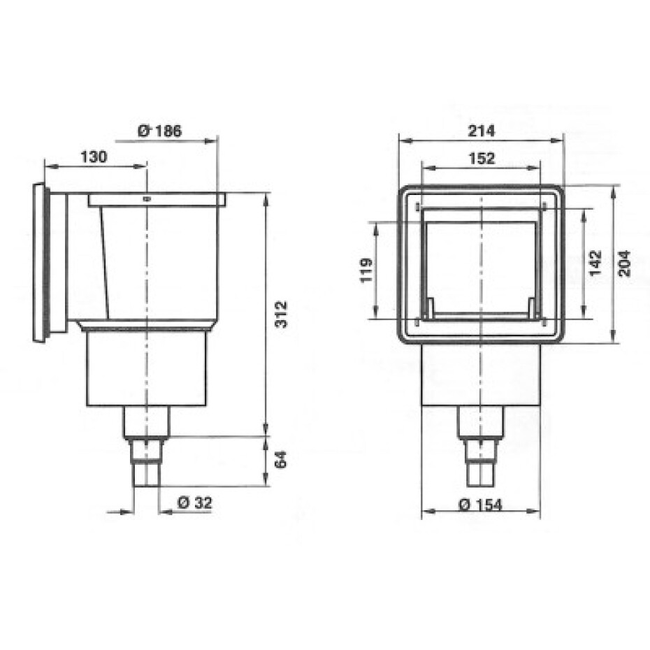 VágnerPool bazénový skimmer 150 x 150 mm, s clonkou šroubů, pro fólie, připojení 1,5“ - main (1)