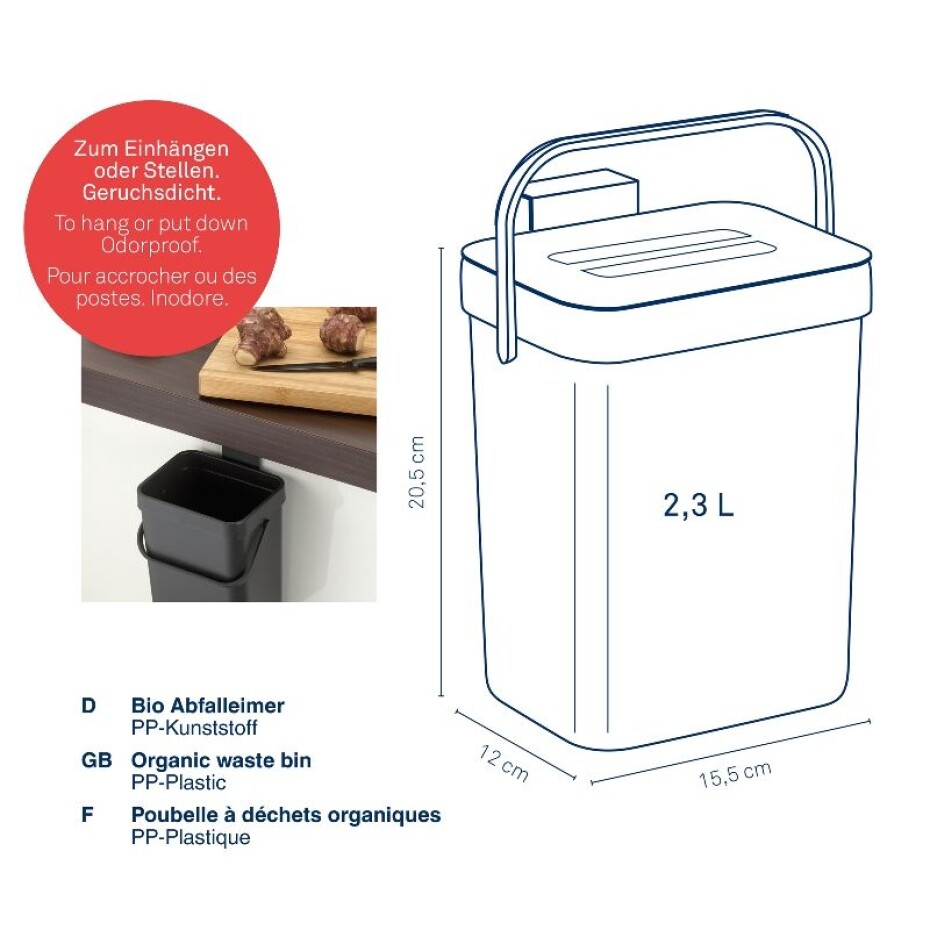 KELA Odpadkový koš na bio odpad Paulo plastový tmavě šedý 15,5x12,0x20,5cm 2,3l KL-12138 - main (2)