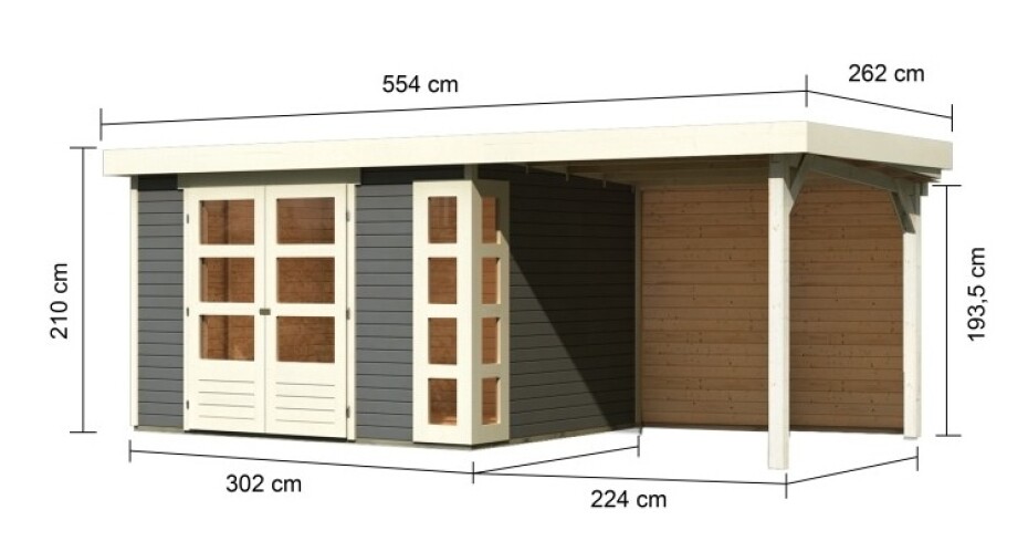 Dřevěný domek KARIBU KERKO 5 + přístavek 240 cm včetně zadní stěny (9196) šedý LG2986 - main (1)