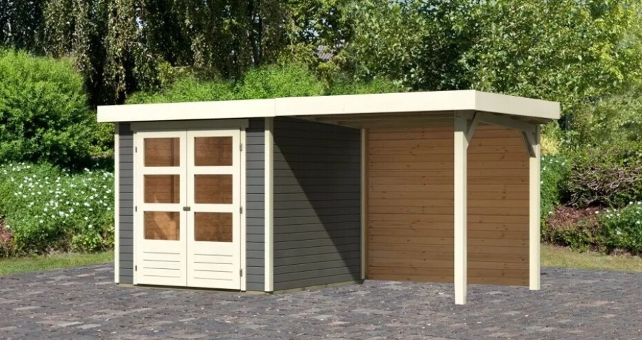 Dřevěný domek KARIBU ASKOLA 2 + přístavek 240 cm včetně zadní stěny (9165) šedý LG3211 - main (2)