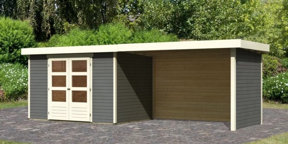 Dřevěný domek KARIBU ASKOLA 4 + přístavek 280 cm včetně zadní a boční stěny (92074) šedý LG3272 - main (2)