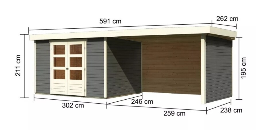 Dřevěný domek KARIBU ASKOLA 5 + přístavek 280 cm včetně zadní a boční stěny (9162) šedý LG3283 - main (1)