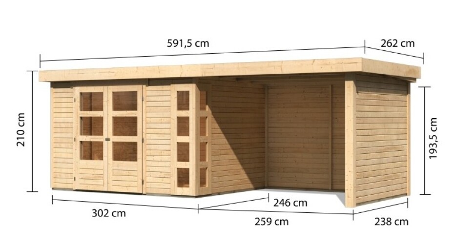 Dřevěný domek KARIBU KERKO 5 + přístavek 280 cm včetně zadní a boční stěny (9208) natur LG2993 - main (1)