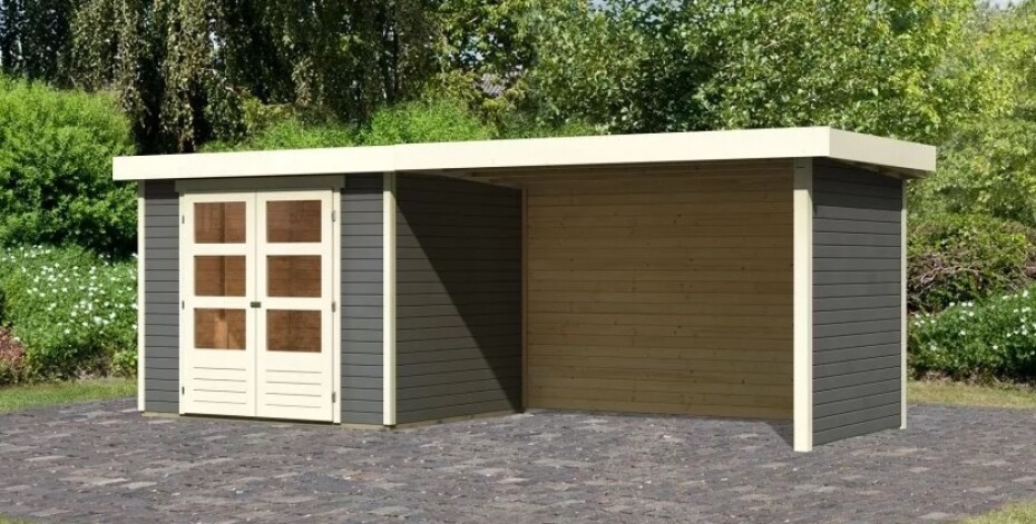 Dřevěný domek KARIBU ASKOLA 3 + přístavek 280 cm včetně zadní a boční stěny (82925) šedý LG3241 - main (2)