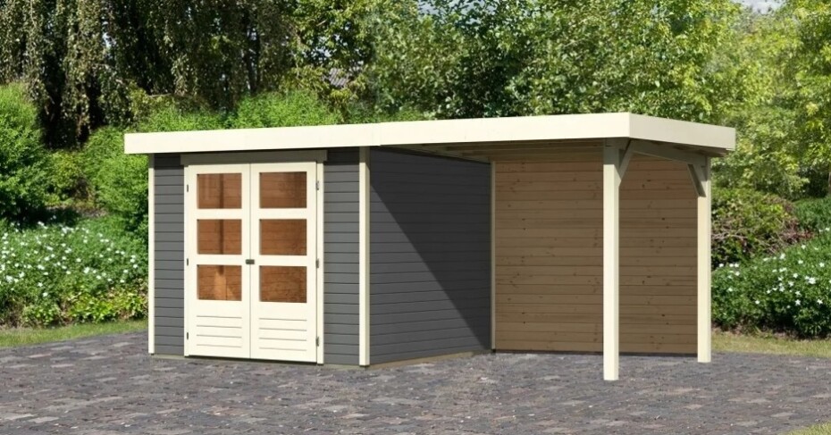 Dřevěný domek KARIBU ASKOLA 3,5 + přístavek 240 cm včetně zadní stěny (9145) šedý LG3244 - main (2)