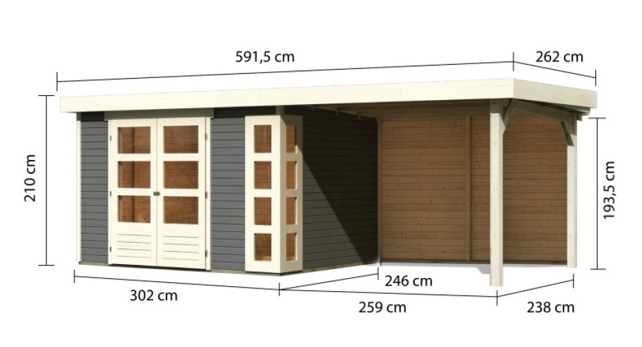 Dřevěný domek KARIBU KERKO 5 + přístavek 280 cm včetně zadní stěny (9207) šedý LG2992 - main (1)