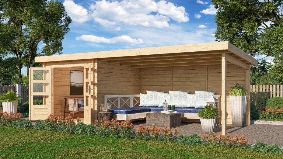 Dřevěný domek KARIBU BASTRUP 4 + přístavek 400 cm včetně zadní stěny (9306) natur LG2882 - main (3)