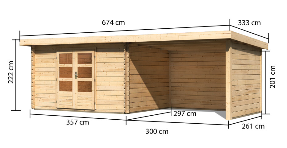 Dřevěný domek KARIBU BASTRUP 7 + přístavek 300 cm včetně zadní a boční stěny (73334) natur LG3027 - main (1)