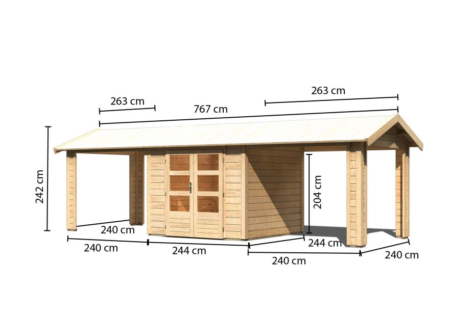 Dřevěný domek KARIBU THERES 3 vč. dvou přístavku (31456) natur LG3150 - main (1)