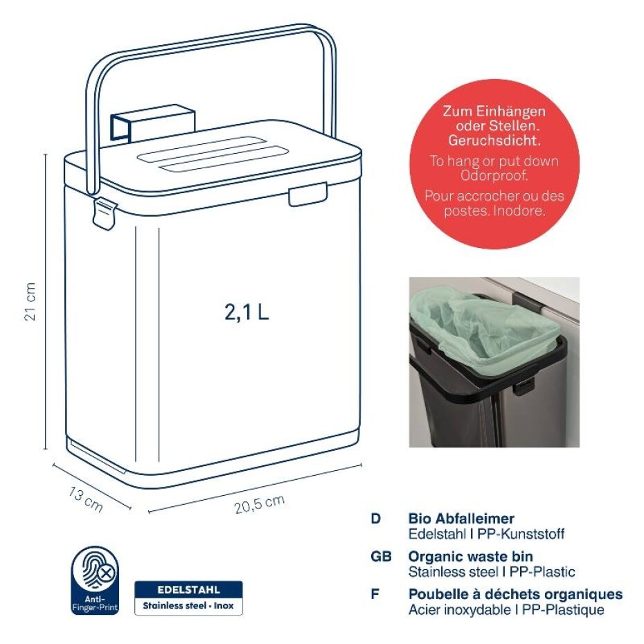 KELA Odpadkový koš na bio odpad Plata nerez matná stříbrná 20,5x13,0x21,0cm 2,1l KL-12129 - main (2)