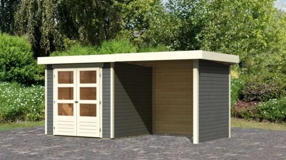 Dřevěný domek KARIBU ASKOLA 2 + přístavek 240 cm včetně zadní a boční stěny (82906) šedý LG3214 - main (2)