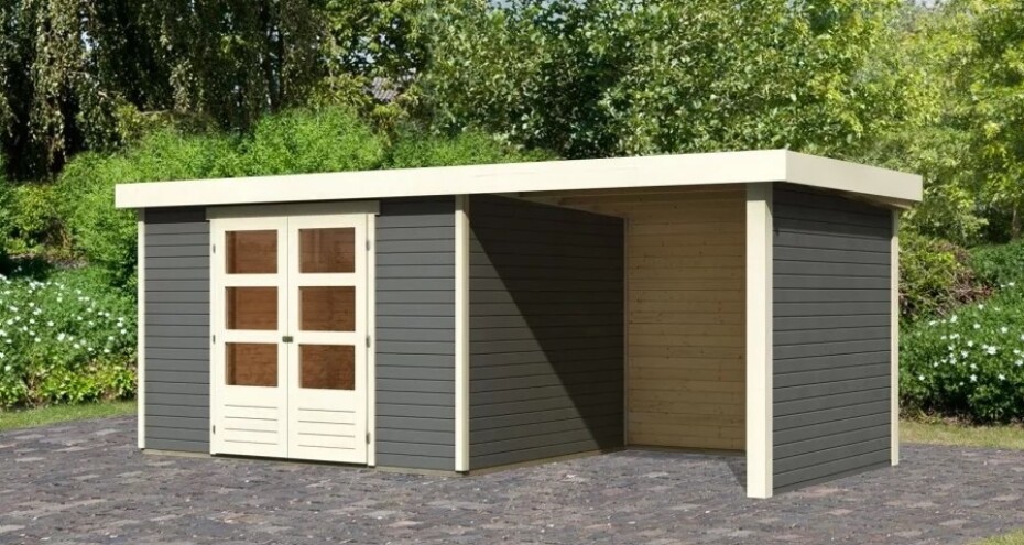 Dřevěný domek KARIBU ASKOLA 5 + přístavek 240 cm včetně zadní a boční stěny (9157) šedý LG3278 - main (2)