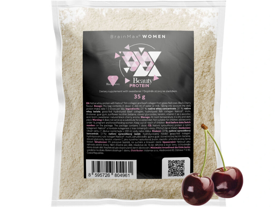 BrainMax Women Beauty Protein, protein pro ženy s kolagenem, keratinem a vitamíny, 35 g, VZOREK Příchuť: Bílá čokoláda - main (2)