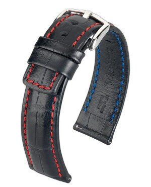 Product detail of Řemínek Hirsch Grand Duke - černý, červené prošití - 24 mm - XL - Prodloužená délka - 22 mm - Stříbrná