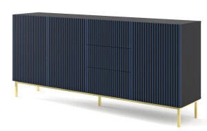 Product detail of ARTBm Komoda RAVENNA F 3D3S 200 | černá matná / modrá Provedení: Černý mat / modrá / zlatá kovová podnož