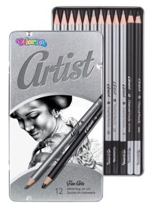 Product detail of Colorino Artist kreslířská sada grafitových tužek a uhlů, kulaté, kovový box