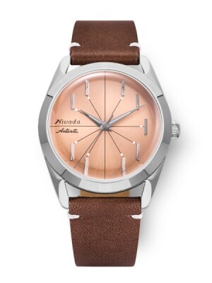 Product detail of Nivada Grenchen Antarctic Spider Salmon No Date - Brown Leather White Stitching