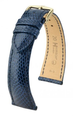 Product detail of Řemínek Hirsch London Lizard - tmavě modrý, lesk - 21 mm - L – Standardní délka (doporučujeme) - 18 mm - Zlatá