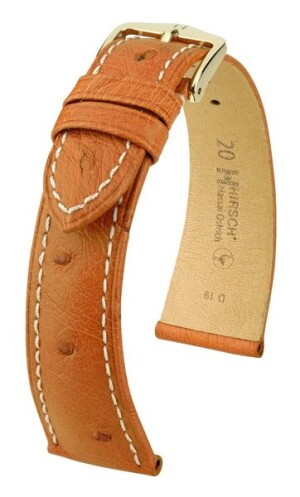 Product detail of Řemínek Hirsch Massai Ostrich - zlatohnědý, bílé prošití - 21 mm - L – Standardní délka (doporučujeme) - 18 mm - Zlatá