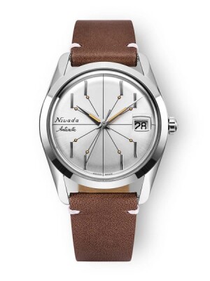 Product detail of Nivada Grenchen Antarctic Spider Silver 35 mm - Brown Leather White Stitching