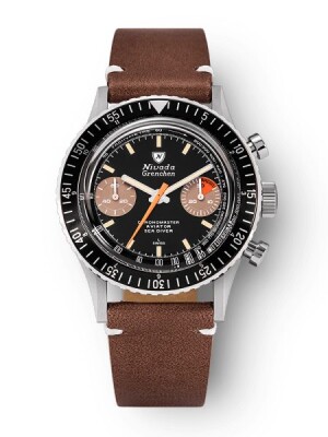 Product detail of Nivada Grenchen Chronomaster Orange Boy Inter. Bezel - Manual - Brown leather White Stitching