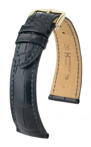 Product detail of Řemínek Hirsch London Alligator - černý, mat - 20 mm - L – Standardní délka (doporučujeme) - 18 mm - Zlatá