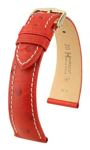 Product detail of Řemínek Hirsch Massai Ostrich - červený, bílé prošití - 20 mm - L – Standardní délka (doporučujeme) - 18 mm - Zlatá